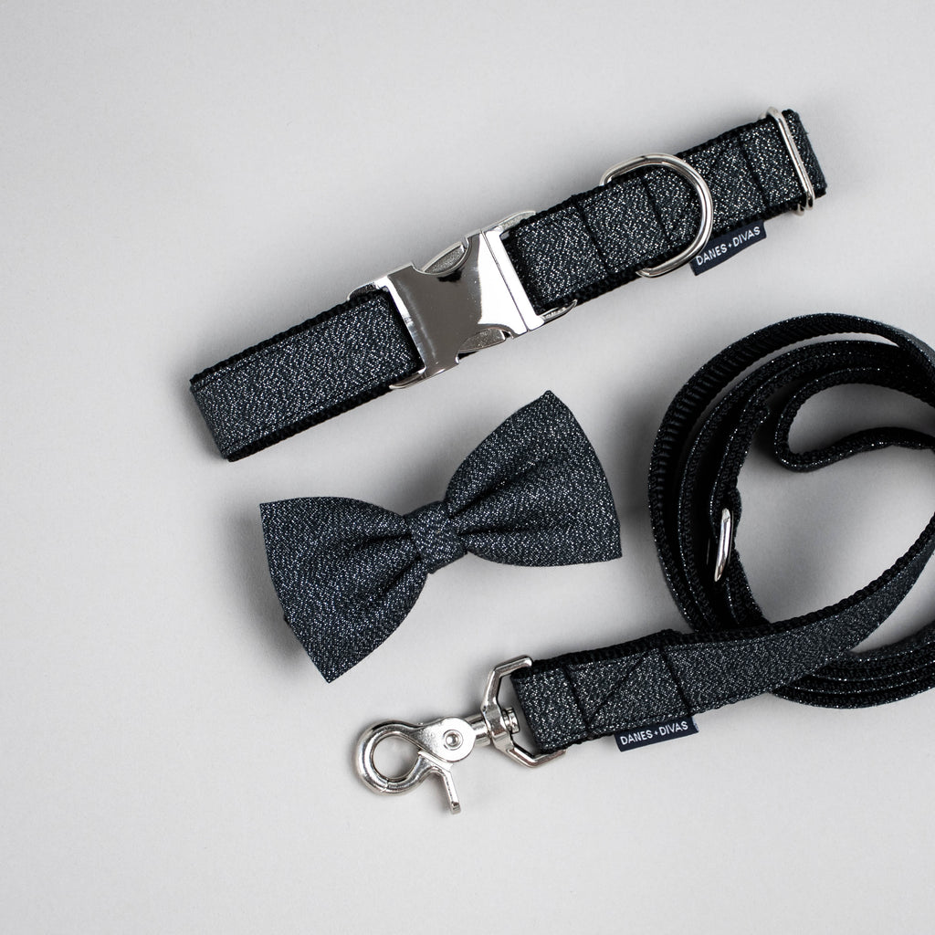 Dog Bow Tie Collar and leash top view made of Black + Metallic Silver Lurex Cotton