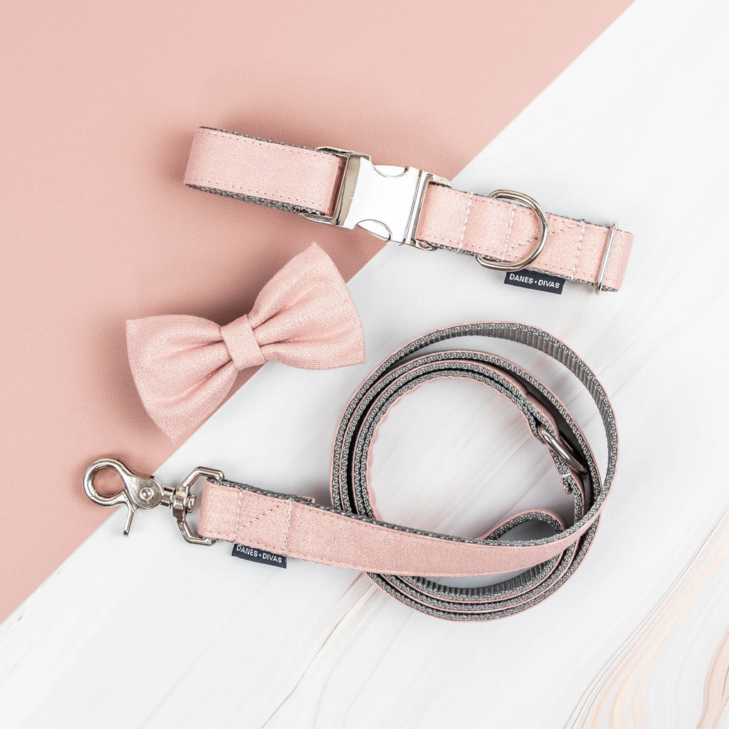 Dog Collar Leash and Bow Tie Combo Rose + Metallic Gold Lurex Linen
