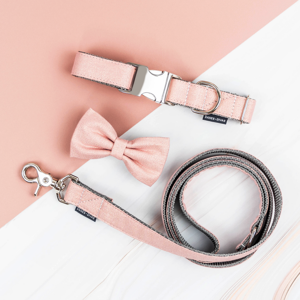 Dog Collar Bow Tie and Leash in Rose + Metallic Gold Lurex Linen
